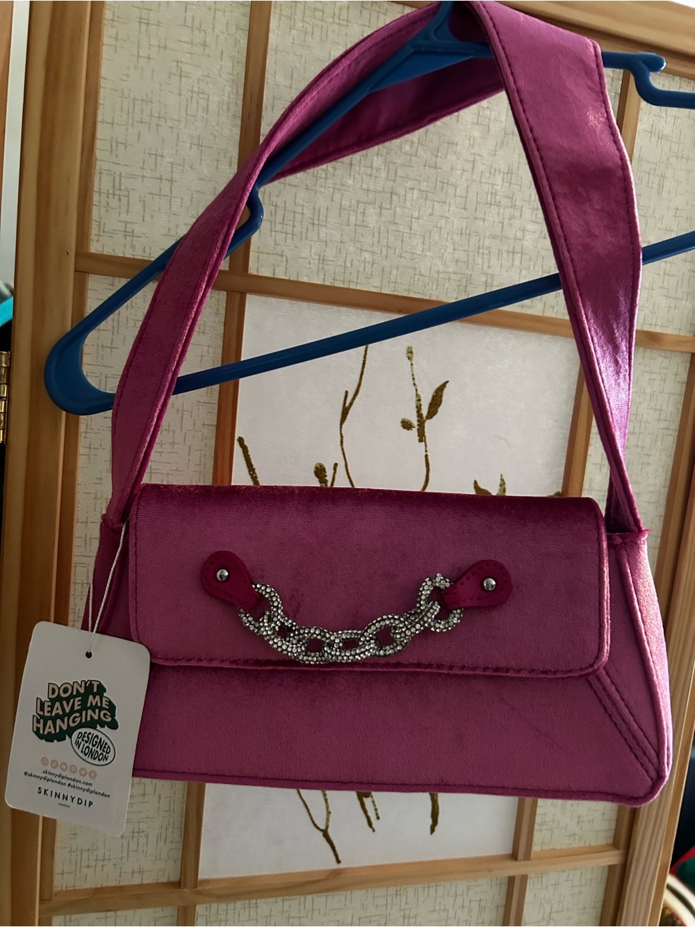 Magenta Velvet Chain-Accent Shoulder Bag by Skinnydip